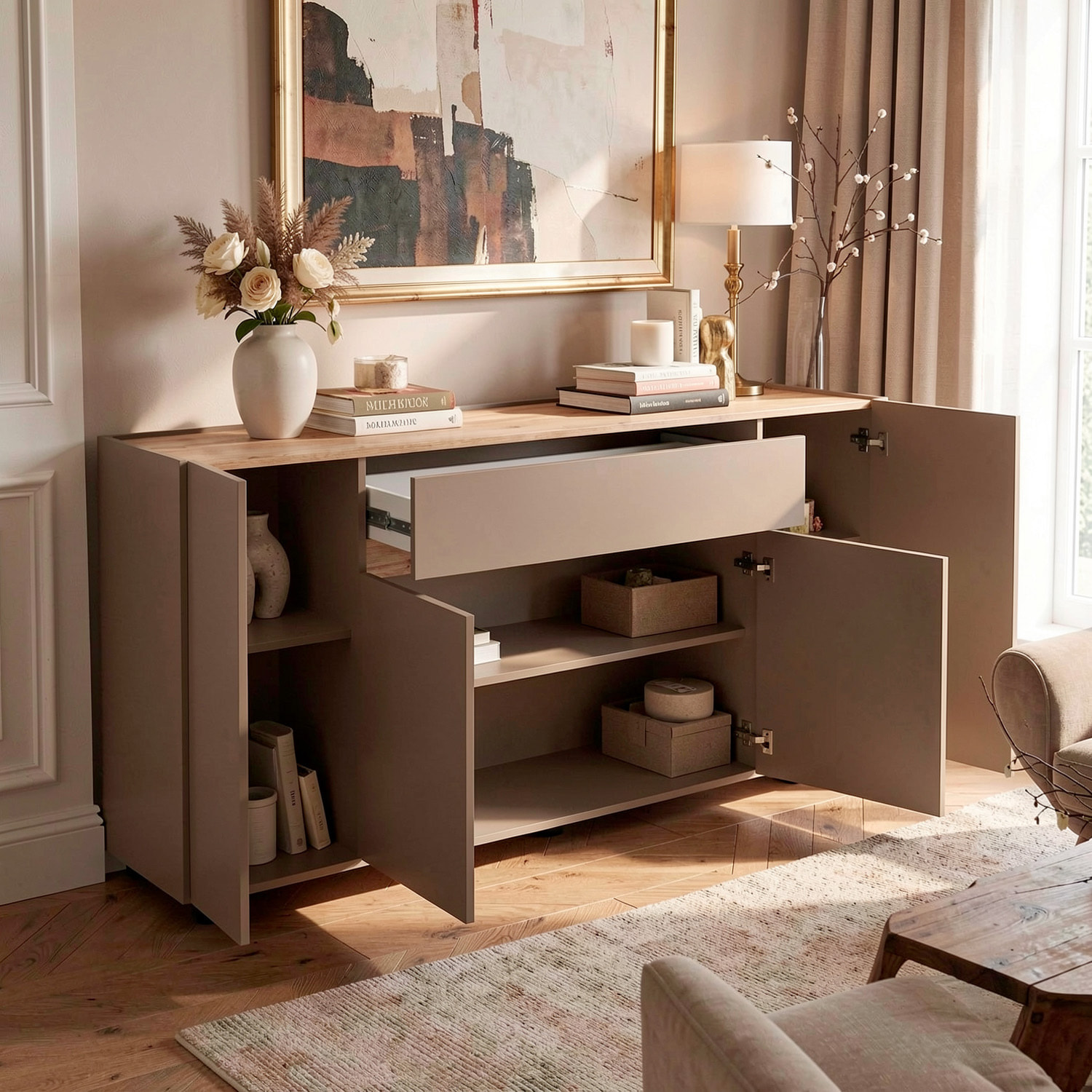 Credenza Moderna Madia Con 4 Ante E 1 Cassetto Mobile Contenitore Sala da Pranzo Soggiorno Design Senza Maniglie 170 x 85 x 40 Cm Congo E Rovere