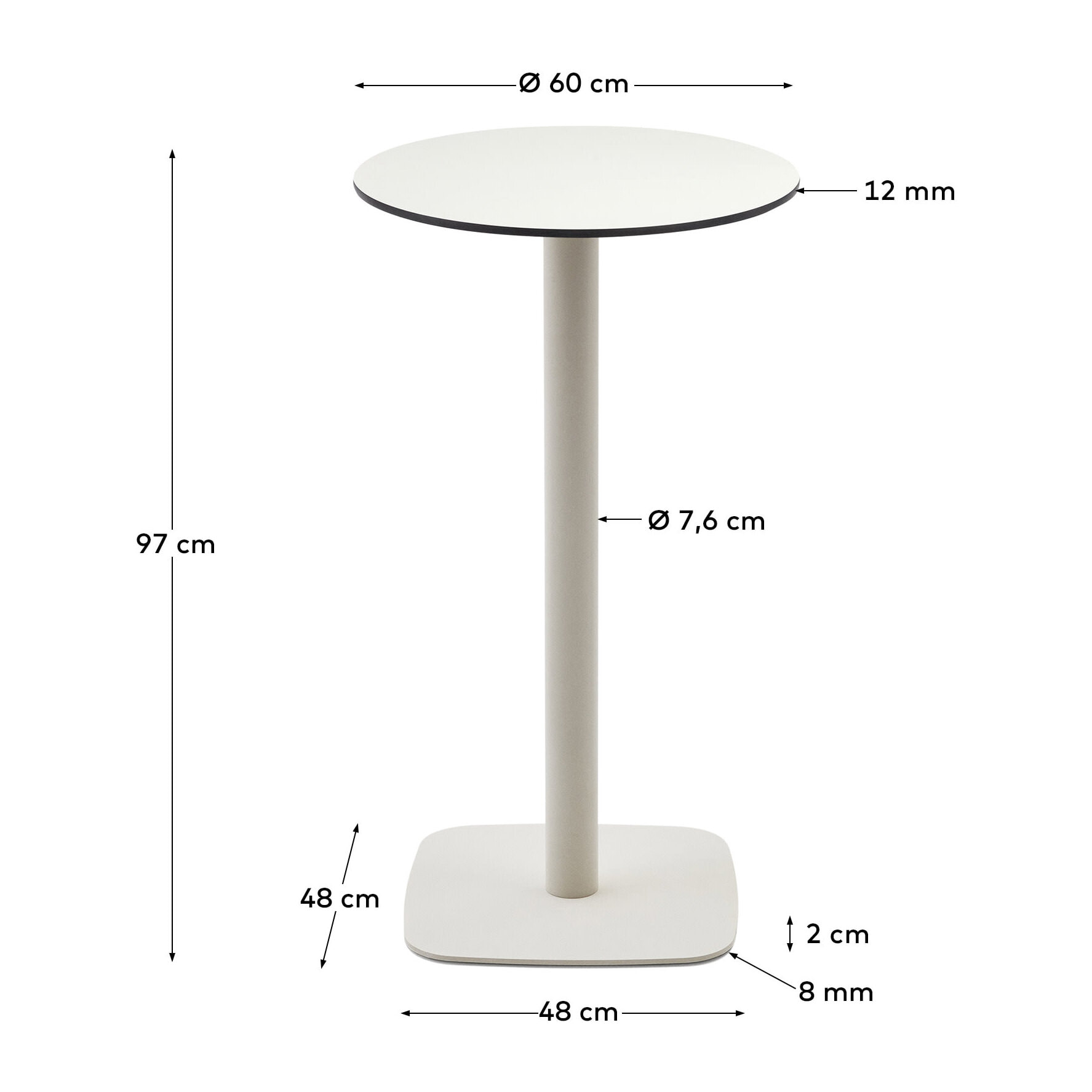 Kave Home - Tavolo alto rotondo per esterno Dina bianco gamba di metallo rifinita in bianco Ø 60 x 96