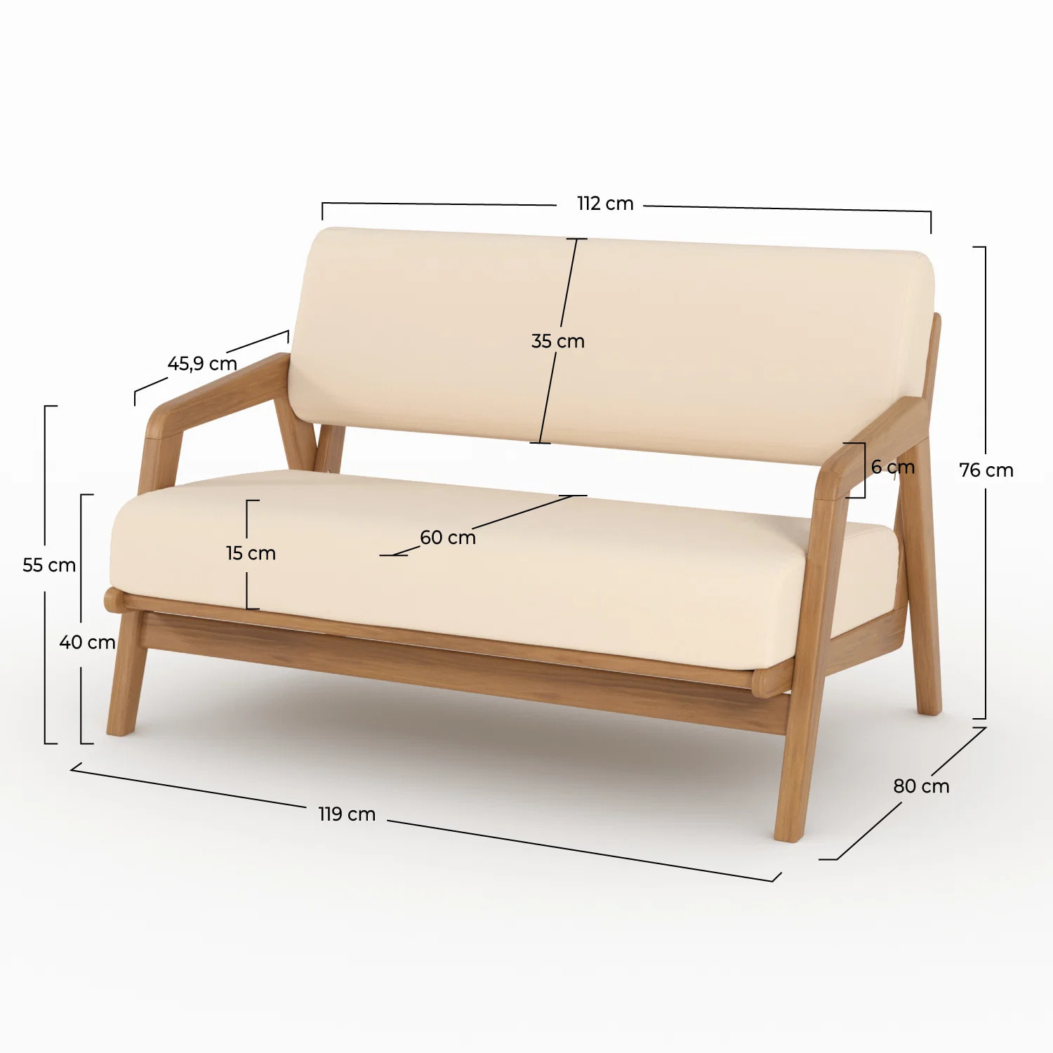 Canapé de jardin en bois d'acacia, tissu beige clair 2 places - Siargao