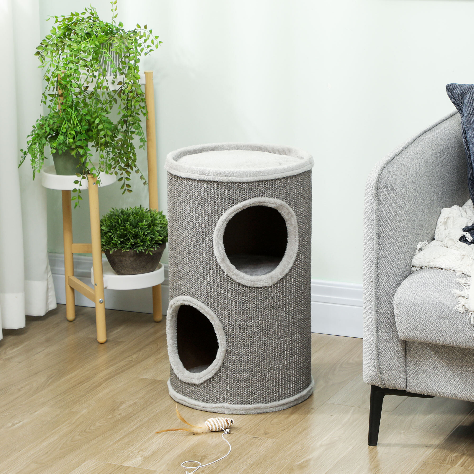 Arbre à chat cylindrique - tour à griffer pour chat - tonneau griffoir - 2 niches + plateforme - sisal peluche gris