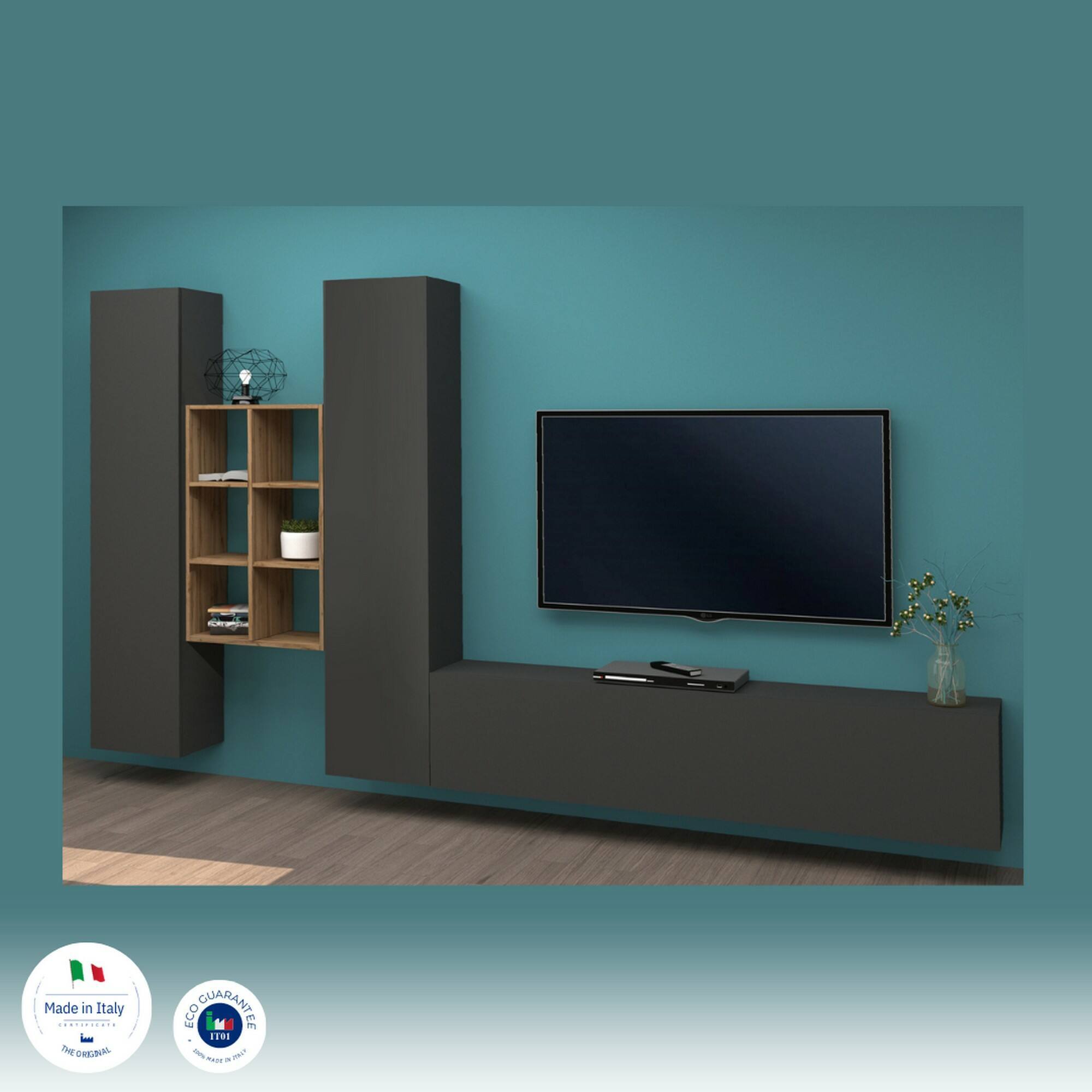 Parete attrezzata Emiliano, Set salotto porta TV a 3 ante, Mobile soggiorno multiuso, 100% Made in Italy, cm 320x30h180, Antracite e Acero