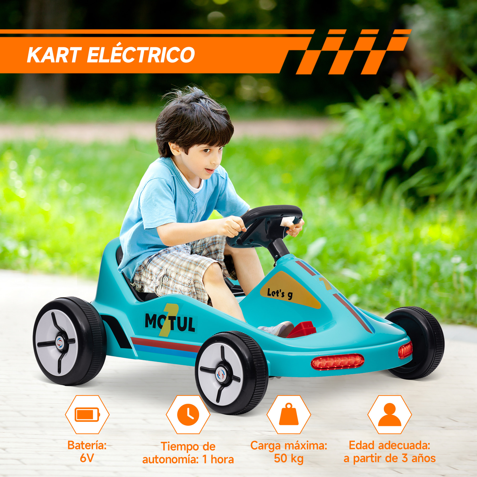 Kart Eléctrico para Niños de +3 Años Kart Eléctrico 6 V con Música Luz Bocina Cinturón de Seguridad Go Kart Carga 50 kg Azul