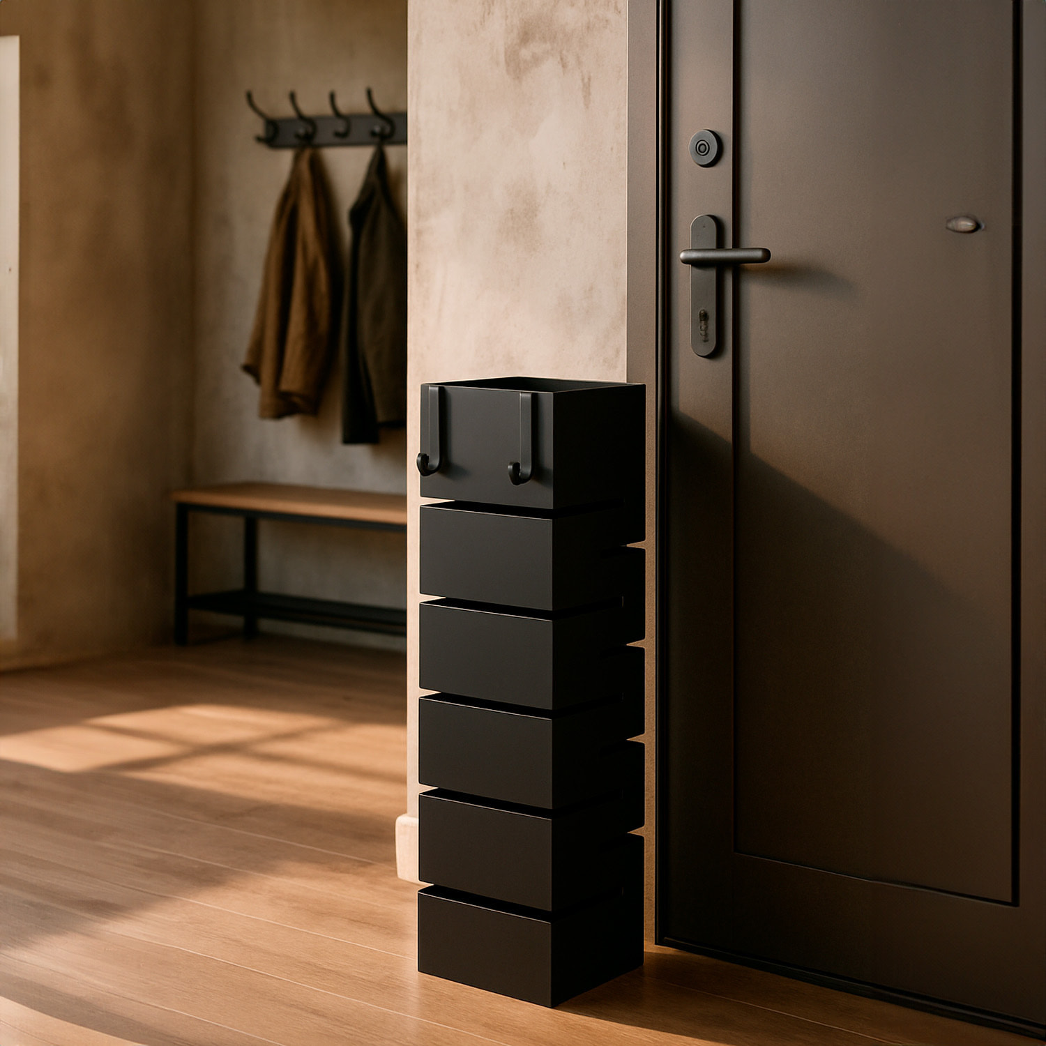 Portaombrelli In Acciaio Zincato Per Interno Esterno Con Vaschetta Scolapioggia 2 Ganci Removibili Base Antiscivolo 49 x 15.5 x 15.5 Cm Nero