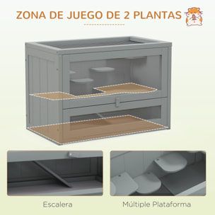 Jaula para Hámster de Madera de 2 Niveles Casa para Animales Pequeños con Plataformas Escaleras 60x35x42 cm Gris
