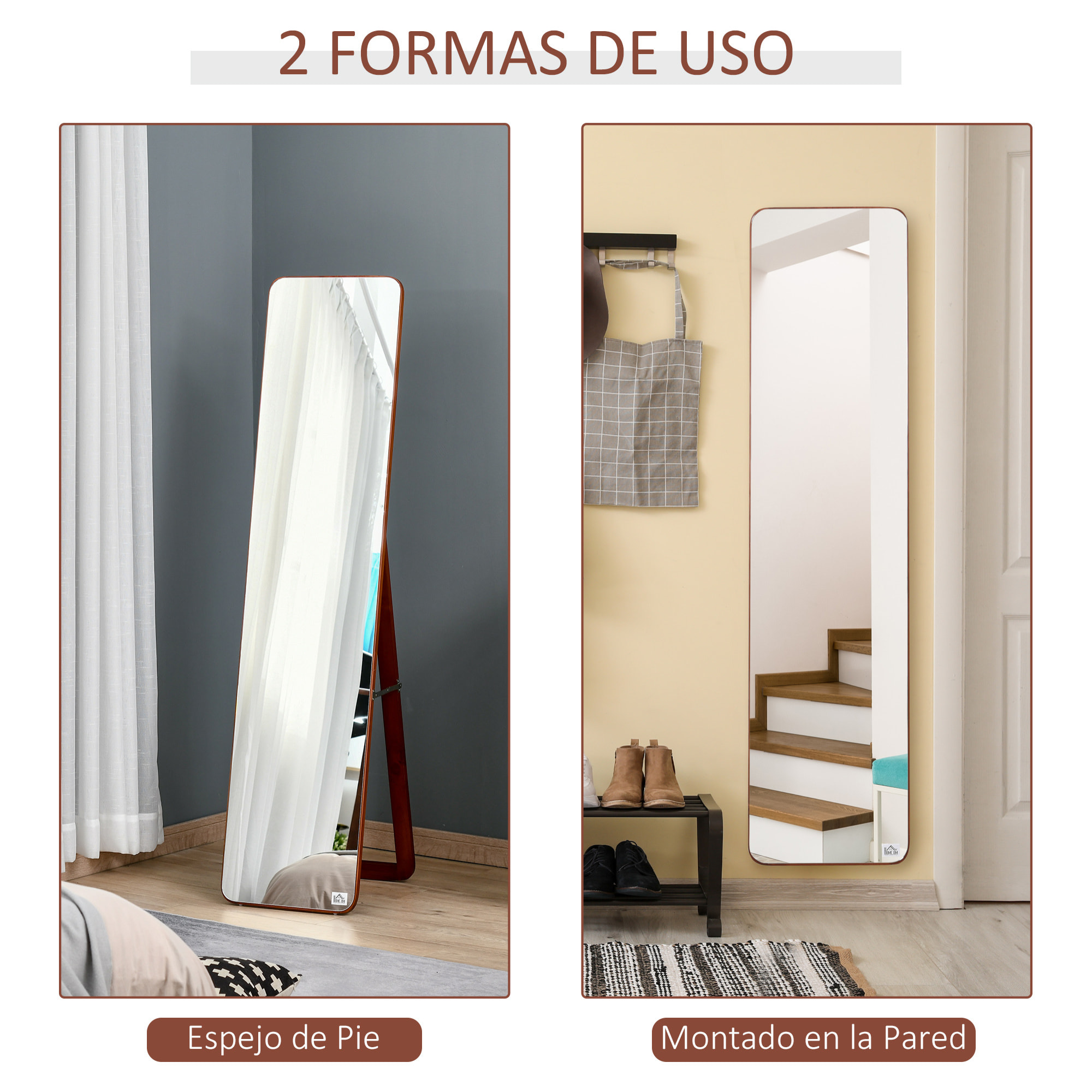 HOMCOM Espejo de Pie Cuerpo Entero Rectangular Espejo de Pared con 2 Formas de Uso Marco de Madera de Pino Moderno para Pasillo Dormitorio Sala de Estar 37x43x156 cm Nogal