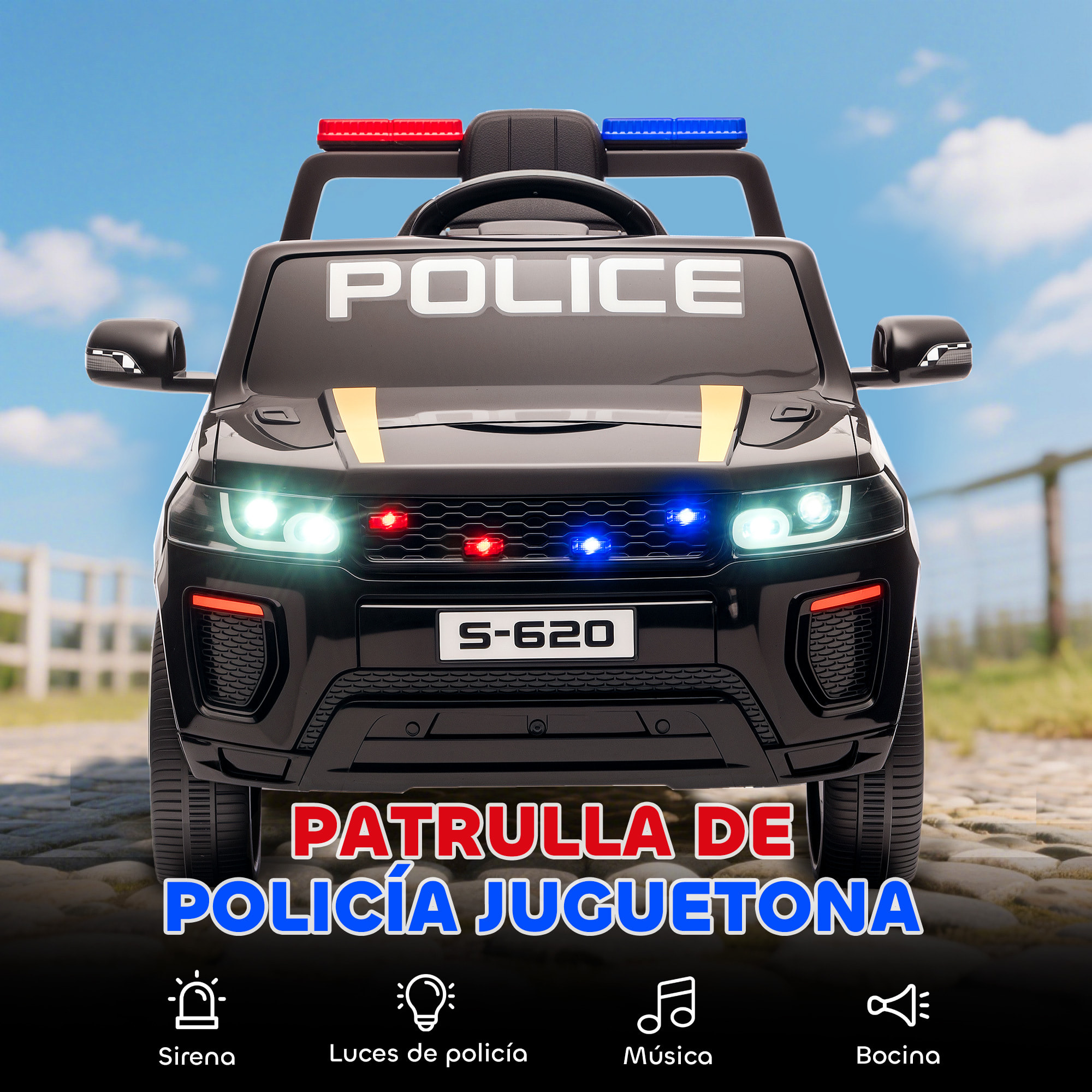 Coche Eléctrico para Niños de Policía, Coche de Batería 12V, con Motor Doble, Mando a Distancia 2,4 G, Suspensión en 4 Ruedas, Sirena, Faros LED, Puerto USB, Blutooth y Música, Negro