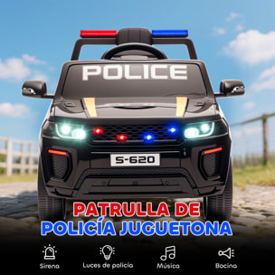Coche Eléctrico para Niños de Policía, Coche de Batería 12V, con Motor Doble, Mando a Distancia 2,4 G, Suspensión en 4 Ruedas, Sirena, Faros LED, Puerto USB, Blutooth y Música, Negro