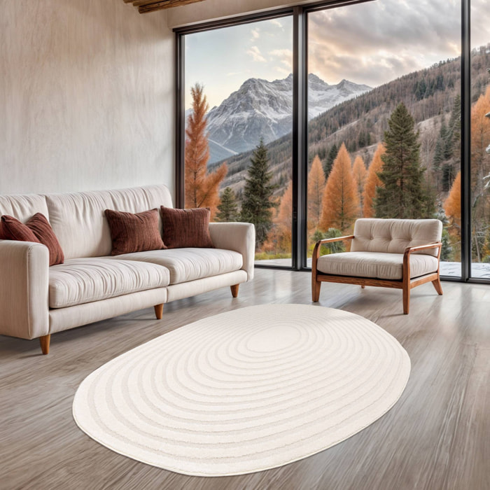 Tapis intérieur forme de galet motif circulaire crème Amanda 160x230cm