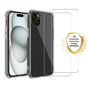 Coque iPhone 15 Plus Antichoc Silicone bords renforcés + 2 Vitres en verre trempé Protection écran