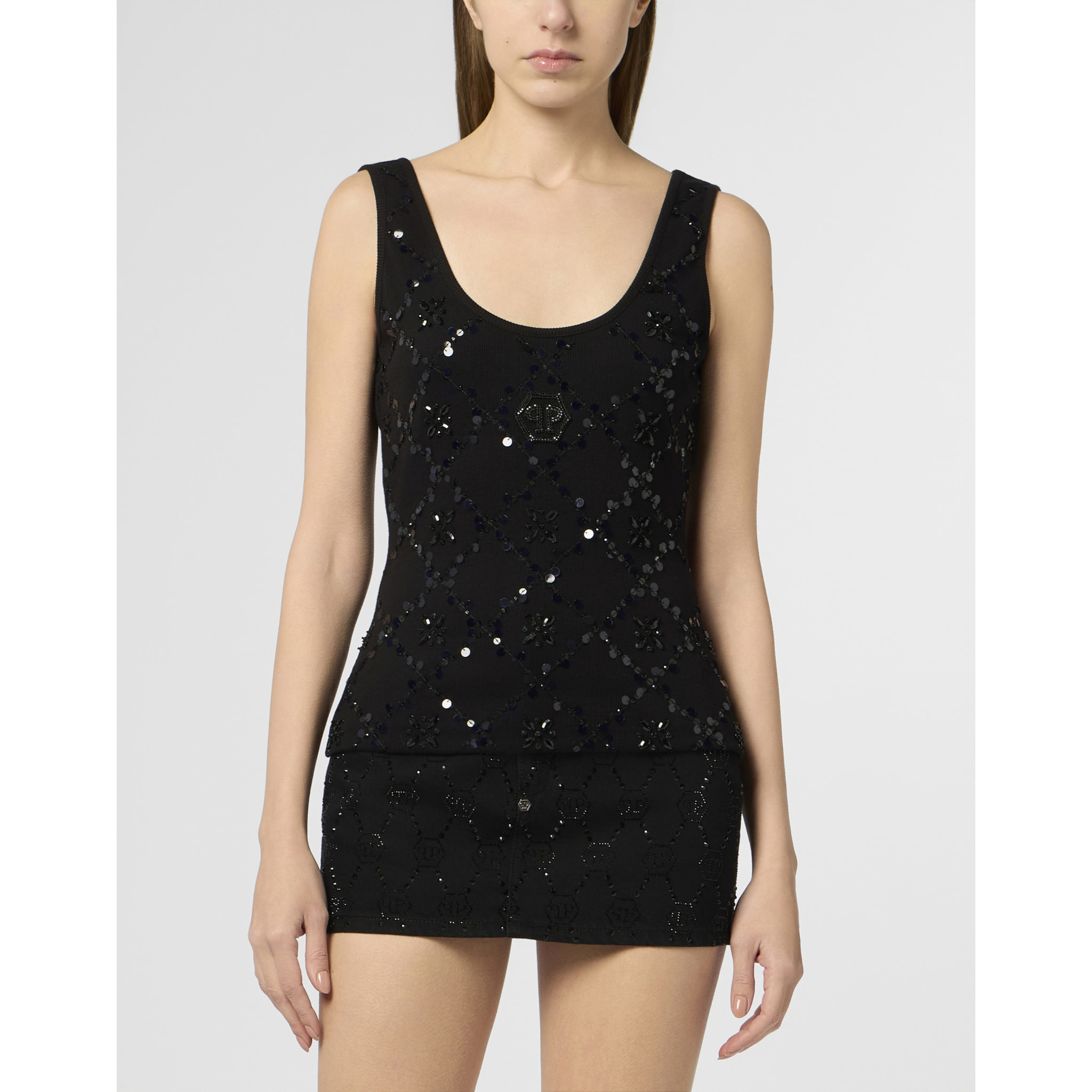 PHILIPP PLEIN Tank Top Rhomb Flower Strass