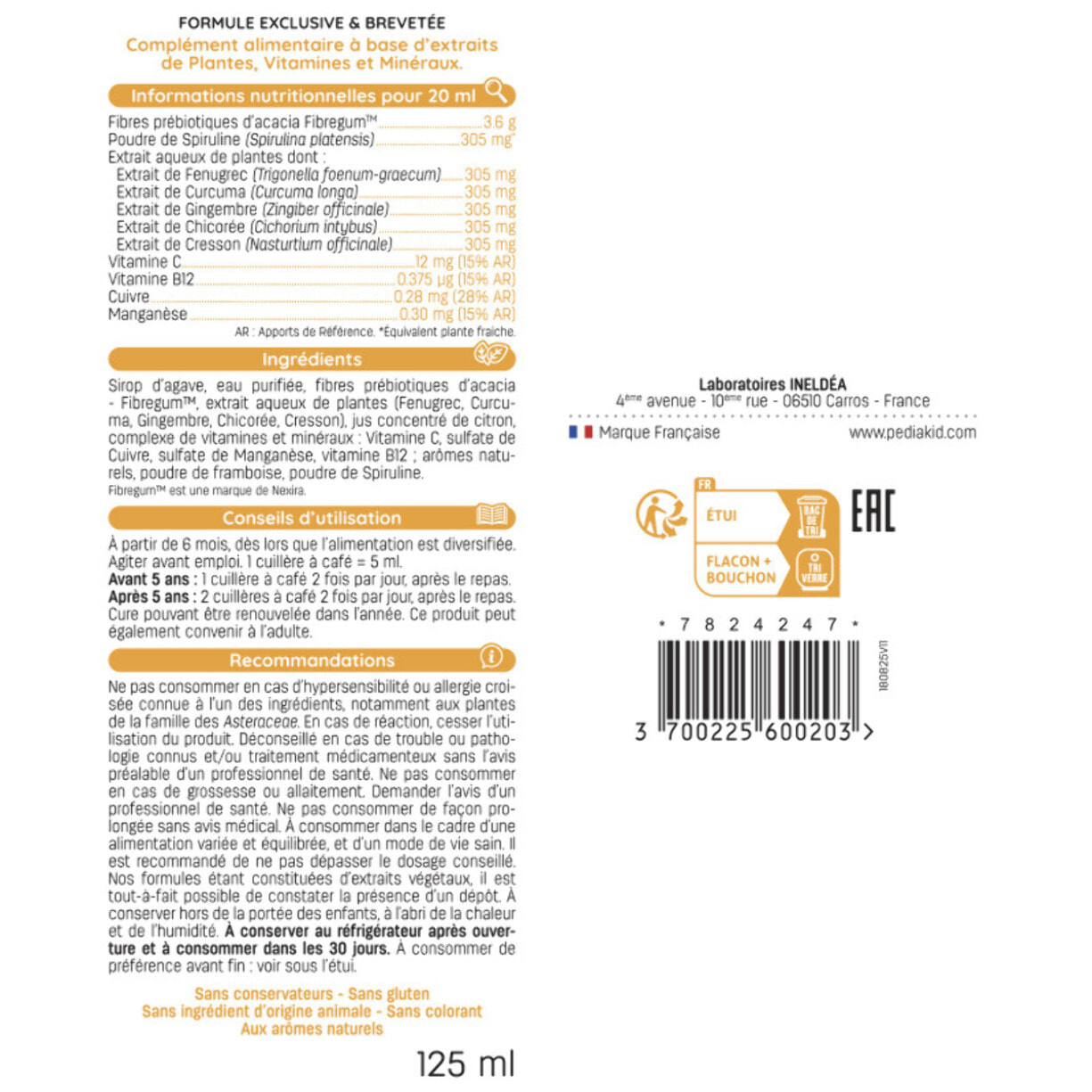 PEDIAKID - Sirop Appétit-Tonus - Complément Alimentaire Naturel - Formule Exclusive au Sirop d'Agave - Stimule l'Appétit - Aide à la Prise de Poids - Lot de 3 flacons de 125 ml