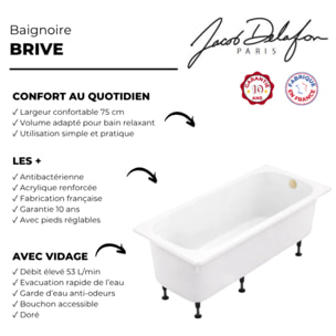 Baignoire droite 170 X 75 Brive avec vidage doré