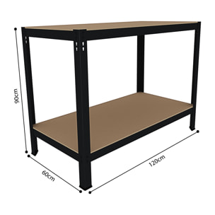 Banco Tavolo Da Lavoro Senza Bulloni In Acciaio Metallo e MDF Portata Fino 550 Kg 2 Ripiani Regolabili Garage Officina Cantina 90 x 100 x 60 cm Nero