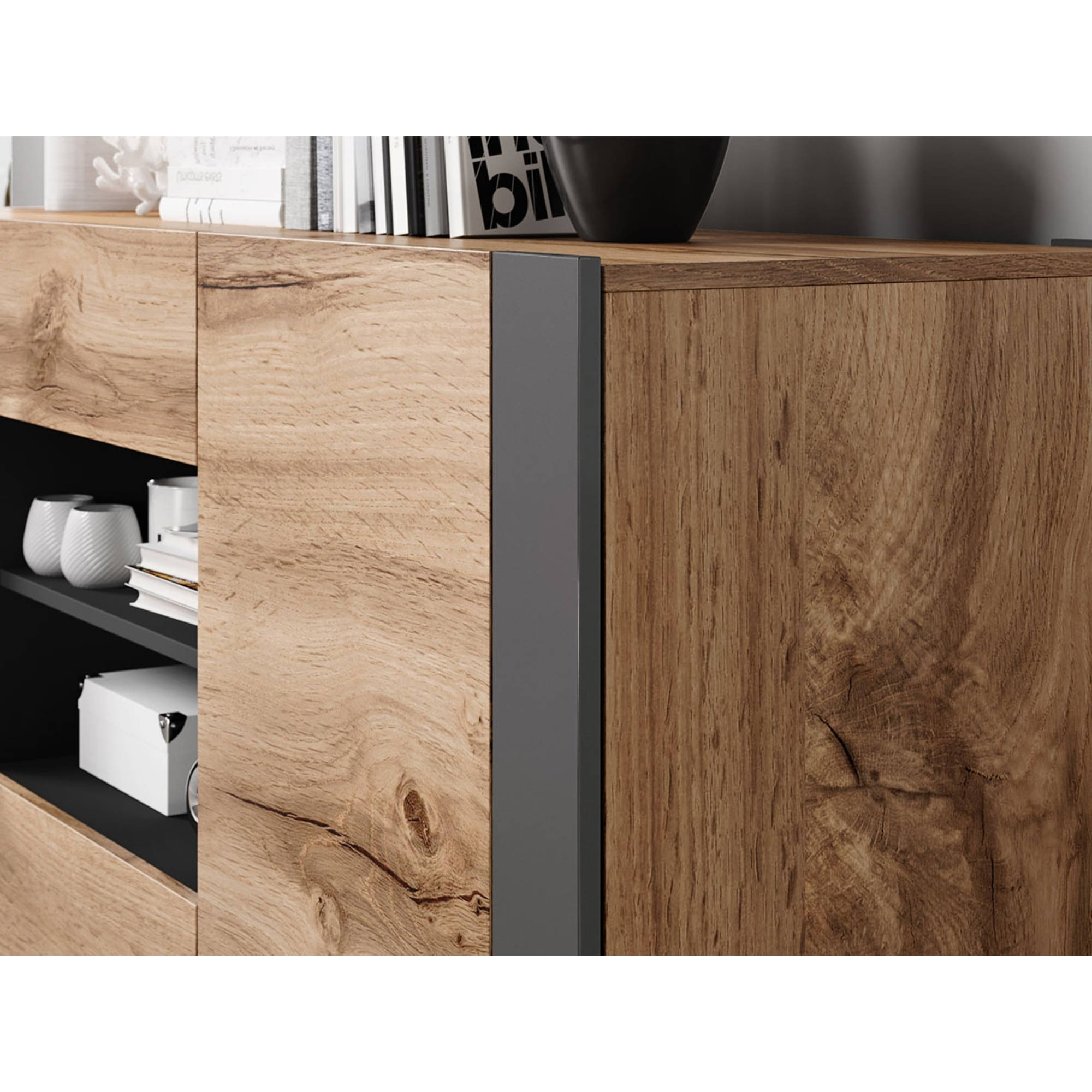 Willow - buffet bas - effet bois et gris - 2 portes, 2 tiroirs et 2 niches - 164 cm - Bois / Gris