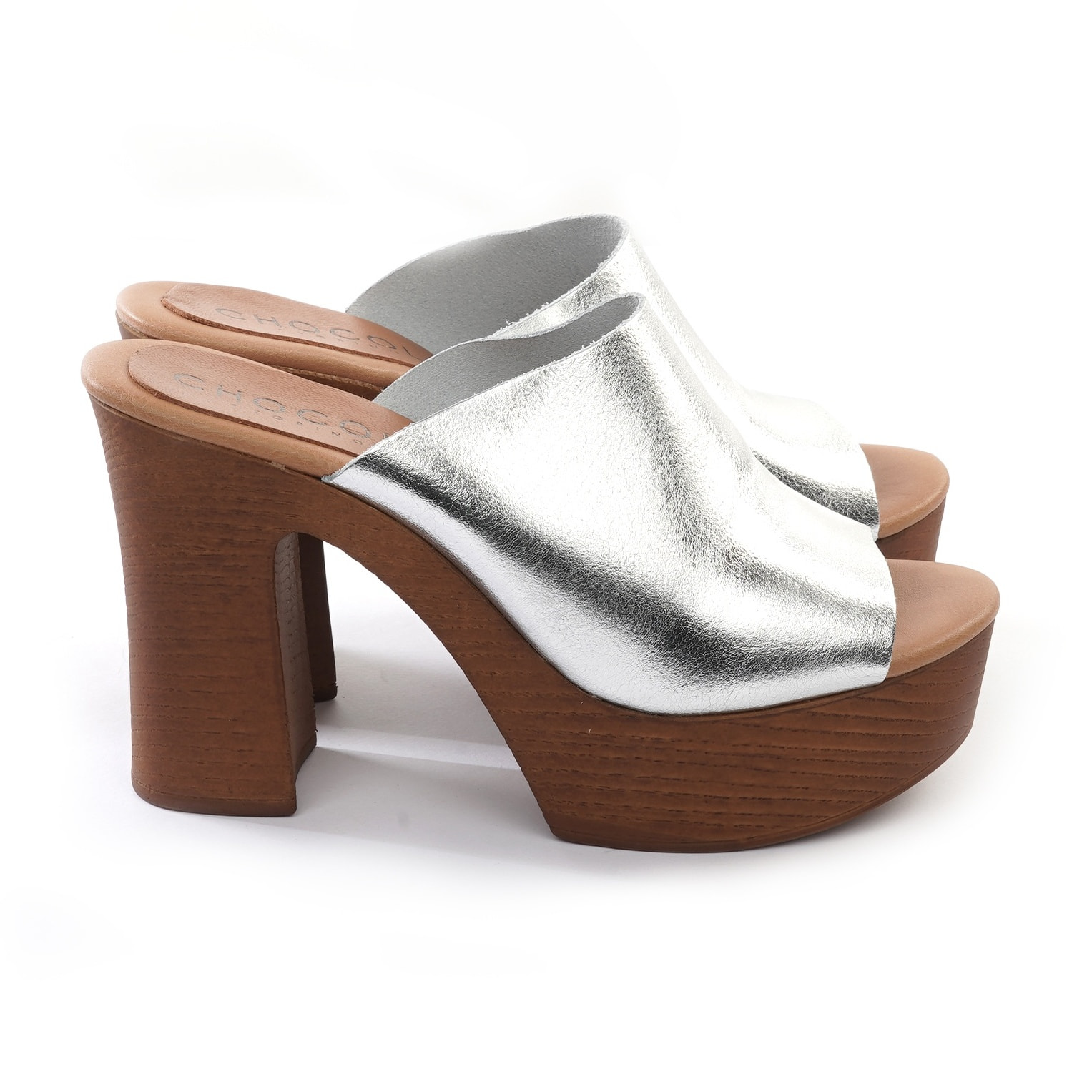 MULE TACCO WOOD CHOCOLA' ARGENTO
