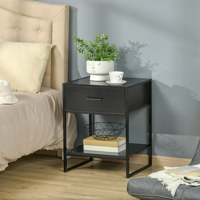 Mesita de Noche Mesa Auxiliar con Cajón y Estante de Almacenamiento para Dormitorio Salón Cama Oficina Estilo Moderno 45x40x60 cm Negro