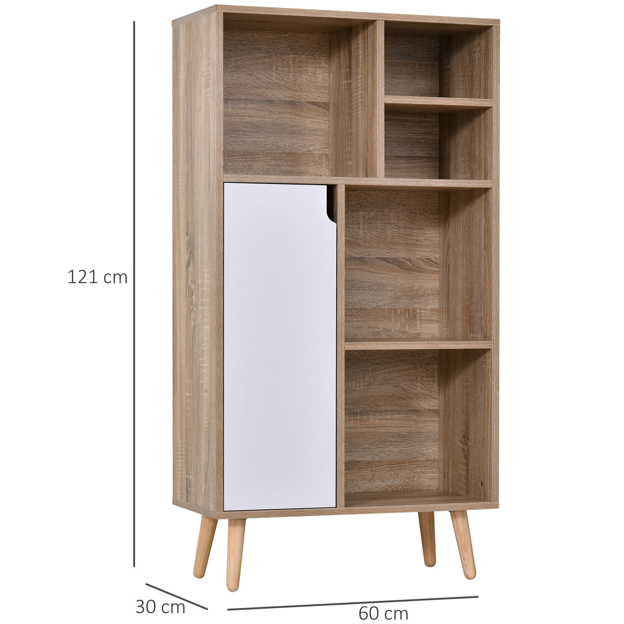 Mueble Aparador Alto Armario Auxiliar de Salón con 5 Compartimentos y 1 Puerta Multiusos para Comedor Cocina Dormitorio 60x30x121 cm Roble y Blanco