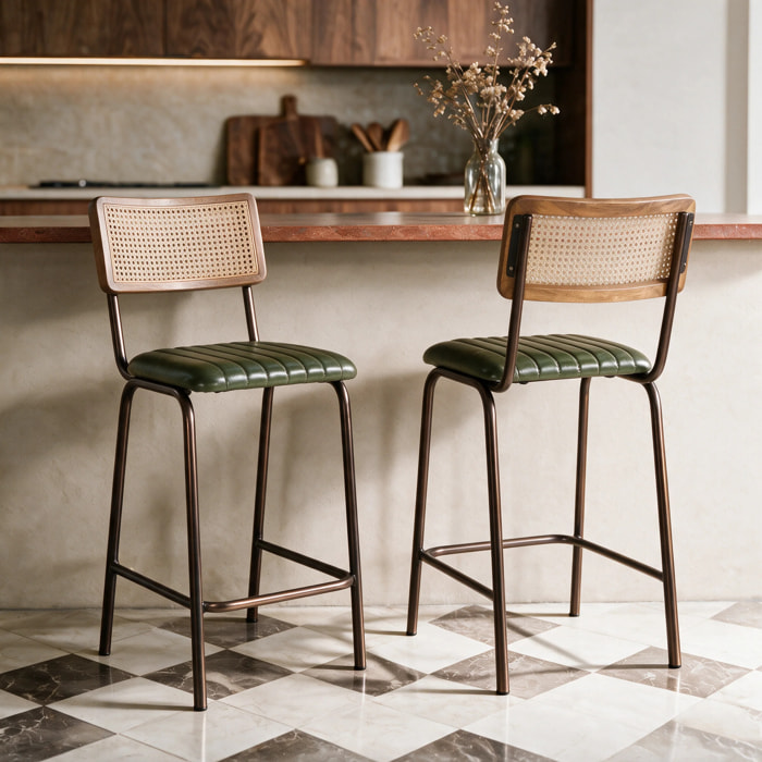 Lot de 2 chaises de bar 76 cm en cannage et cuir vert - Arsène