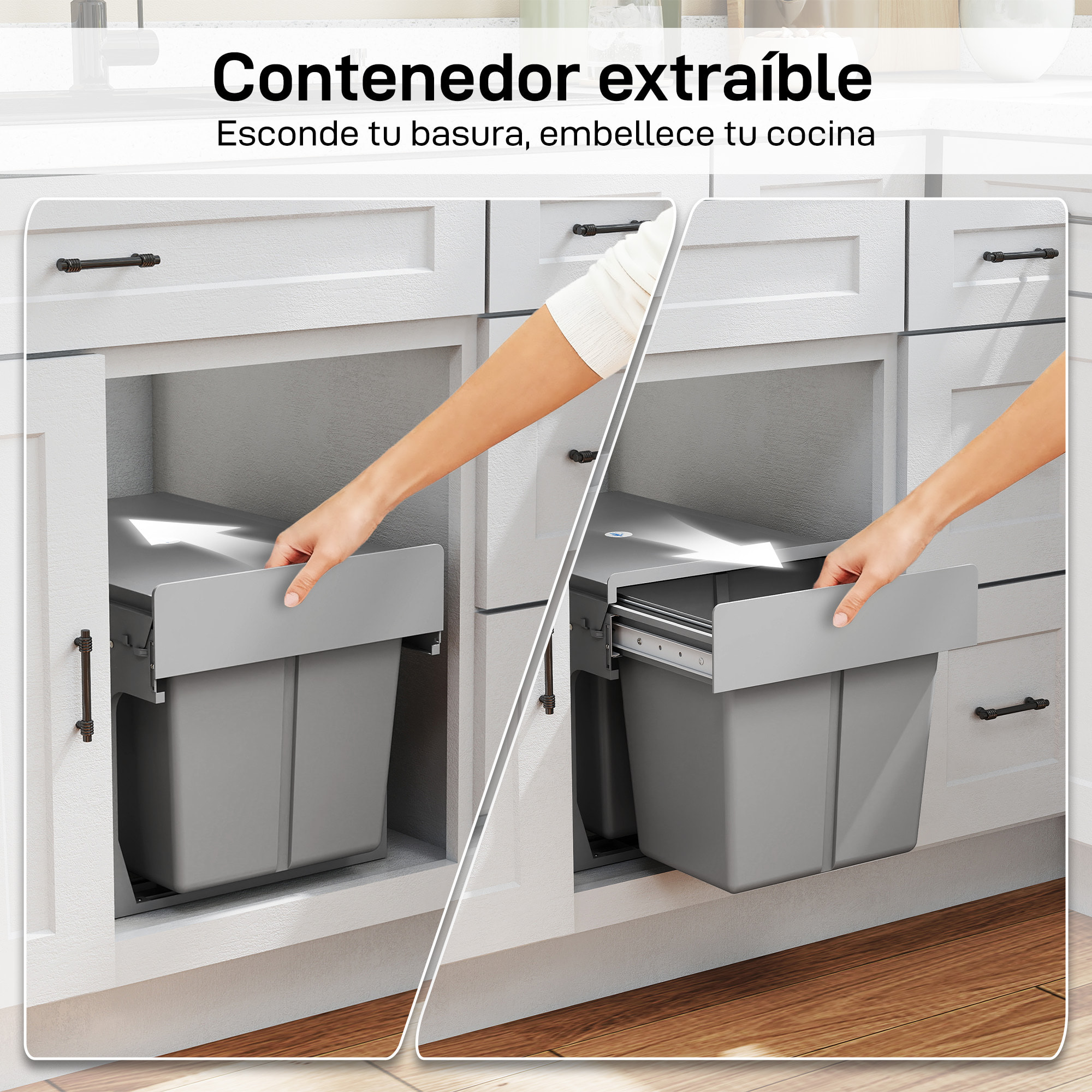 Cubo de Basura bajo Fregadero, Cubos de Basura con 2 Contenedores de Reciclaje Extraíbles, Capacidad Total 30L (15Lx2), Fijación Inferior, para Reciclaje y Residuos, Gris Claro