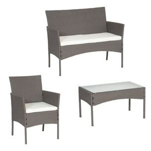 Salon de jardin CORDOUE en résine tressée gris 4 places - coussins ivoire