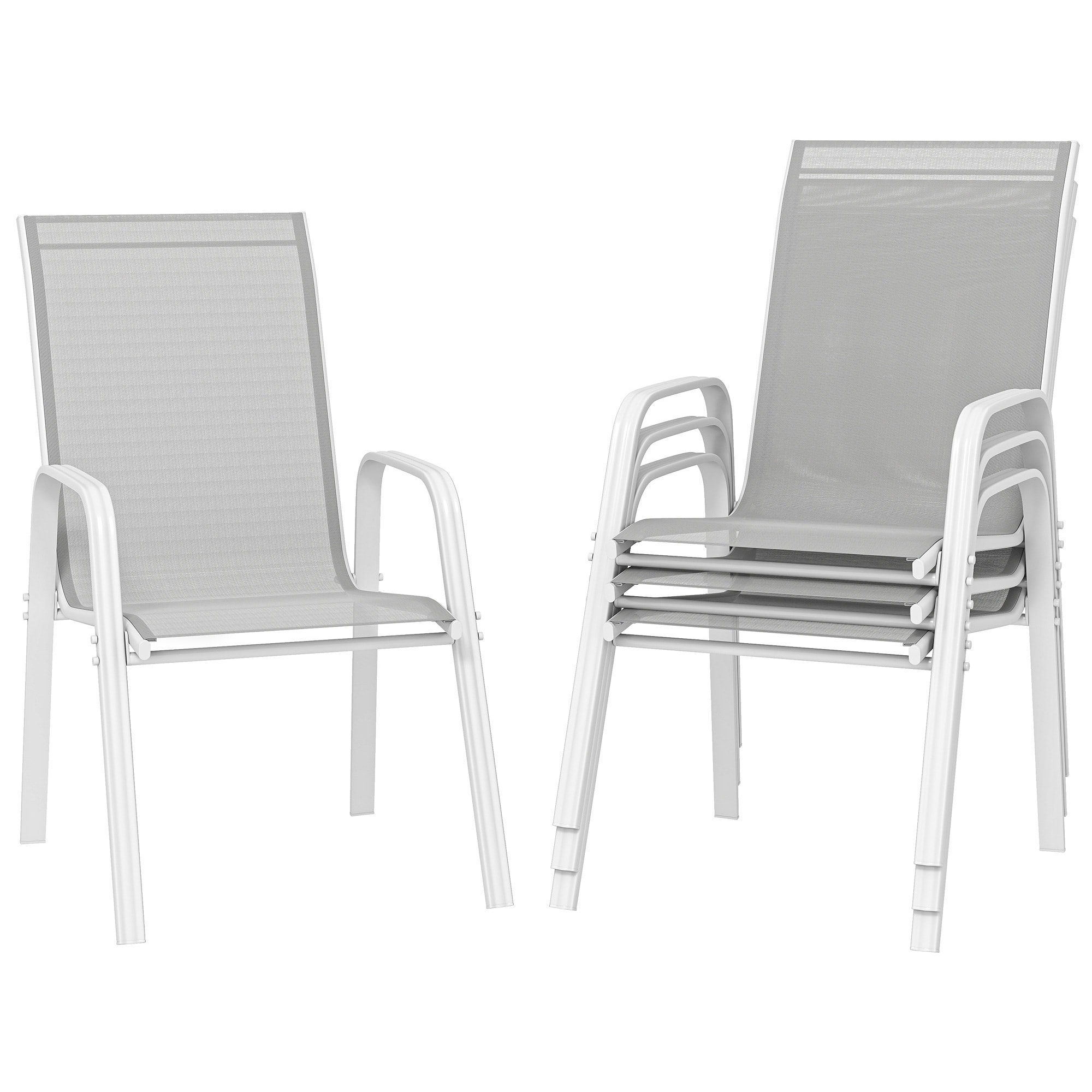 Juego de 4 Sillas de Jardín Exterior Sillas Terraza Exterior Apilables Sillón de Comedor con Tela Transpirable Marco de Metal Reposabrazos y Respaldo 54x75,5x95 cm Gris Claro