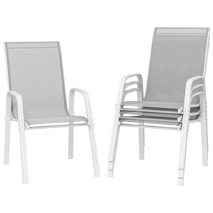 Juego de 4 Sillas de Jardín Exterior Sillas Terraza Exterior Apilables Sillón de Comedor con Tela Transpirable Marco de Metal Reposabrazos y Respaldo 54x75,5x95 cm Gris Claro