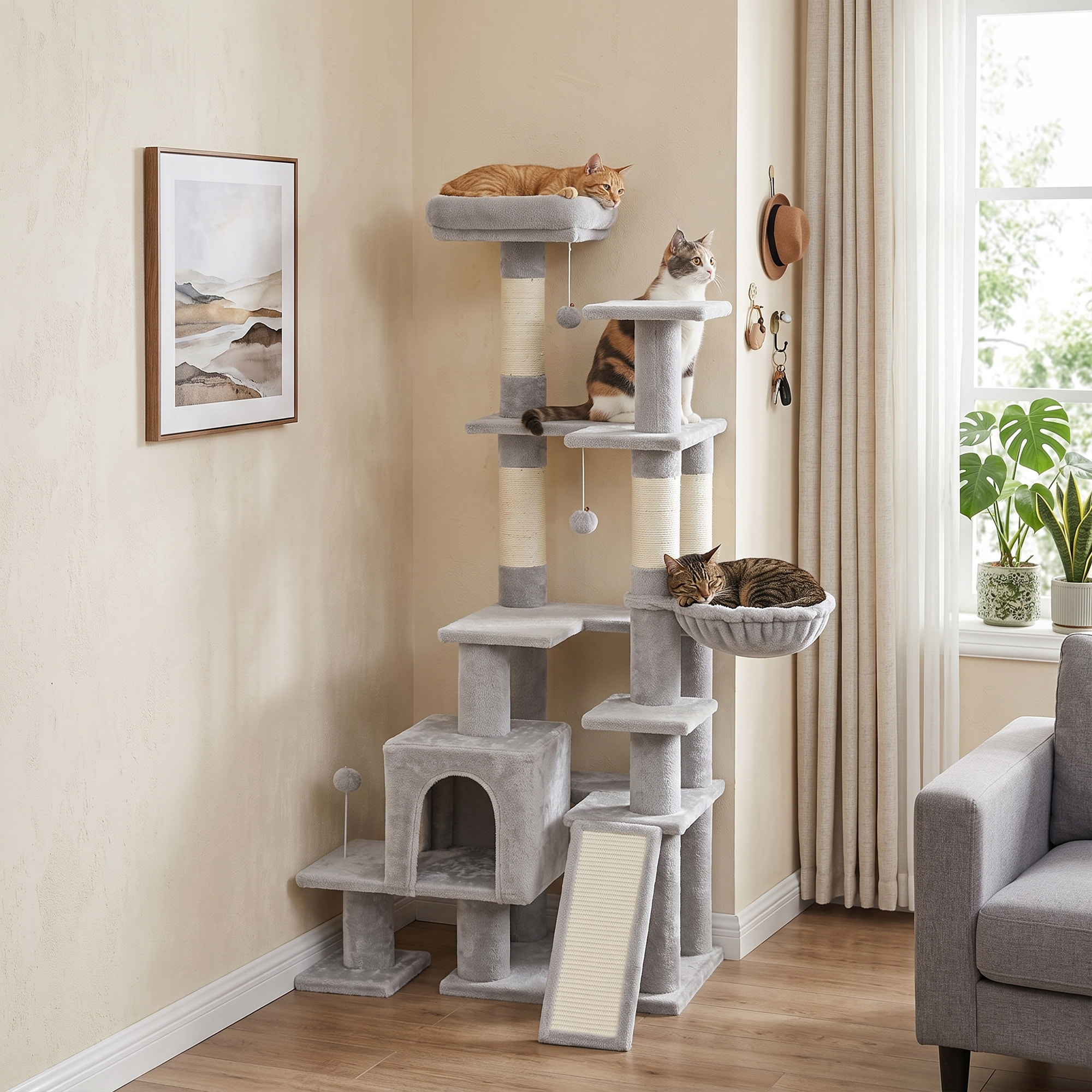 Árbol Rascador para Gatos 152 cm, Torre para Gatos Multinivel con Cueva, Hamaca, Cama, 4 Postes de Sisal, Escalera Rascadora, 3 Bolas Colgantes, Tela de Felpa, para 1-2, Gris Claro