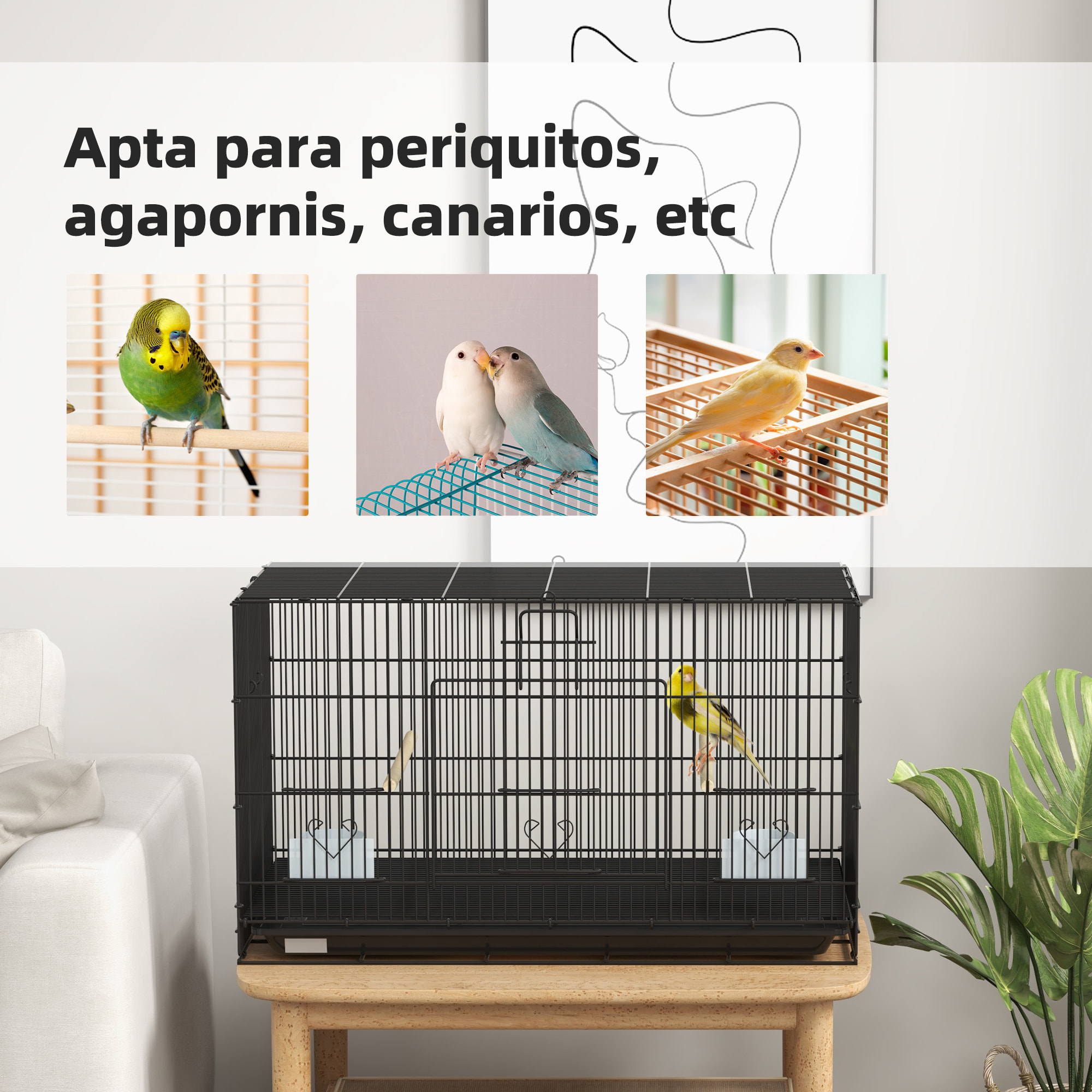 Jaula para Pájaros 77x46x45 cm Jaula Metálica para Aves con Bandeja Extraíble 2 Perchas 2 Comederos para Periquitos Canarios Negro