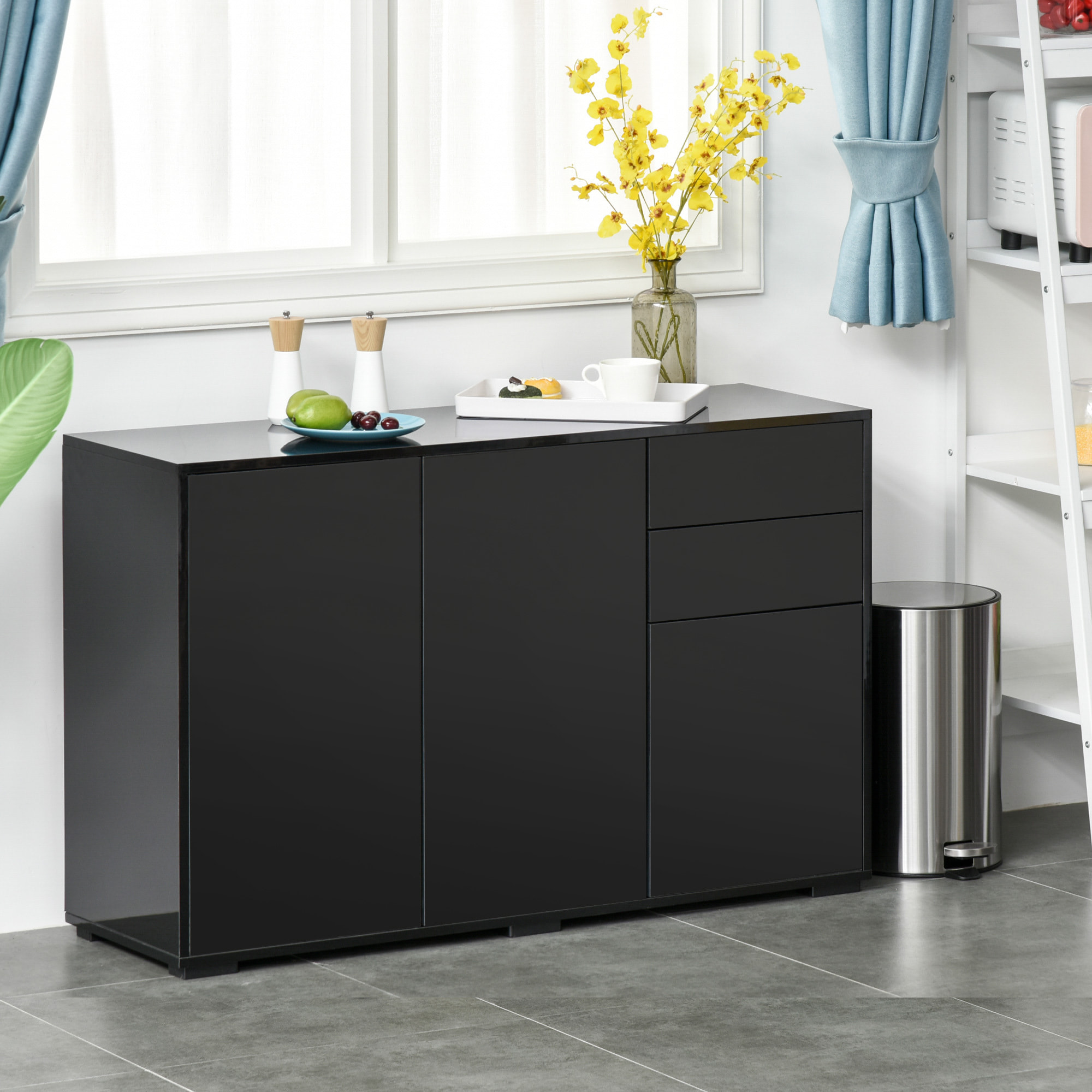 Commode buffet de rangement 2 tiroirs coulissants 3 portes étagère réglable panneaux de particules 117 x 36 x 74 cm noir