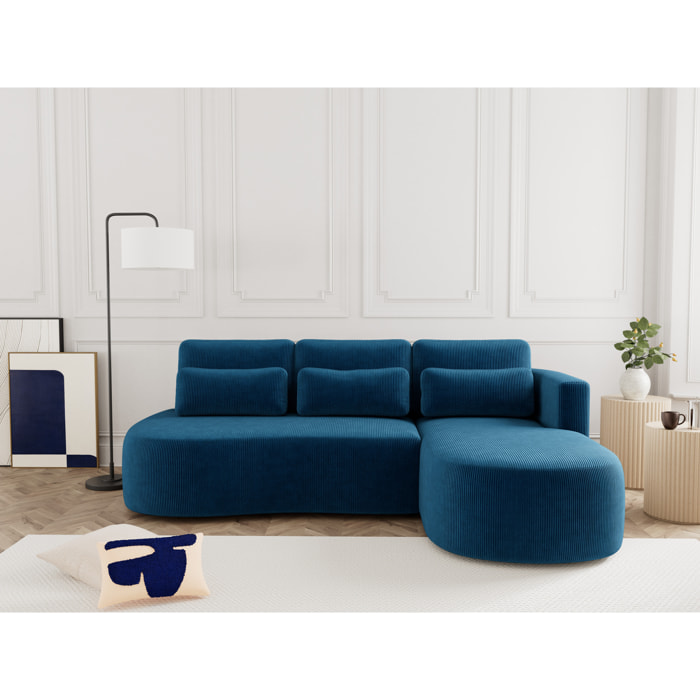 Mahina - canapé d'angle droit 4 places convertible avec coffre en velours côtelé - Bleu