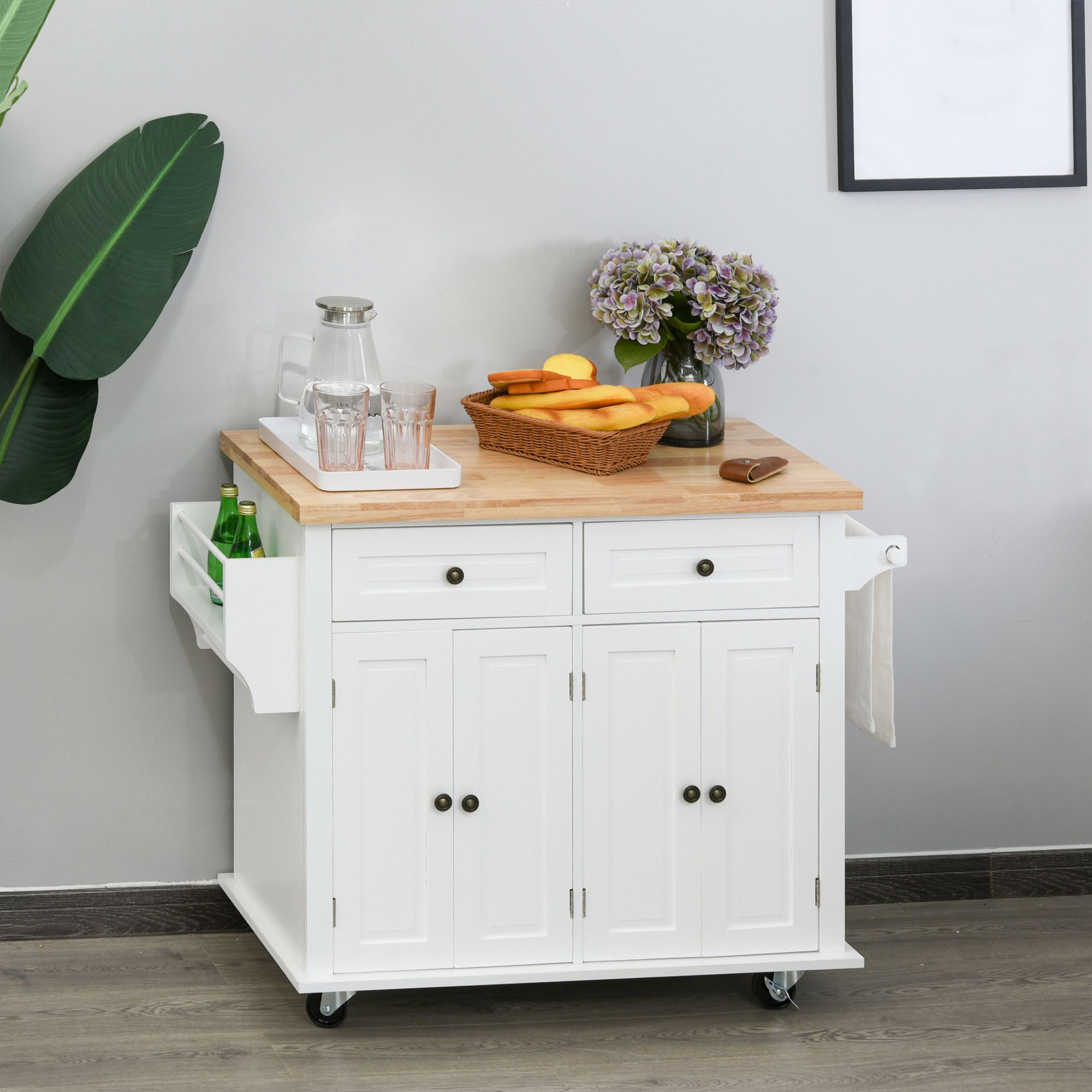 Isla de Cocina con Ruedas 2 Cajones 4 Puertas Especiero y Barra 111x44,5x82,5 cm