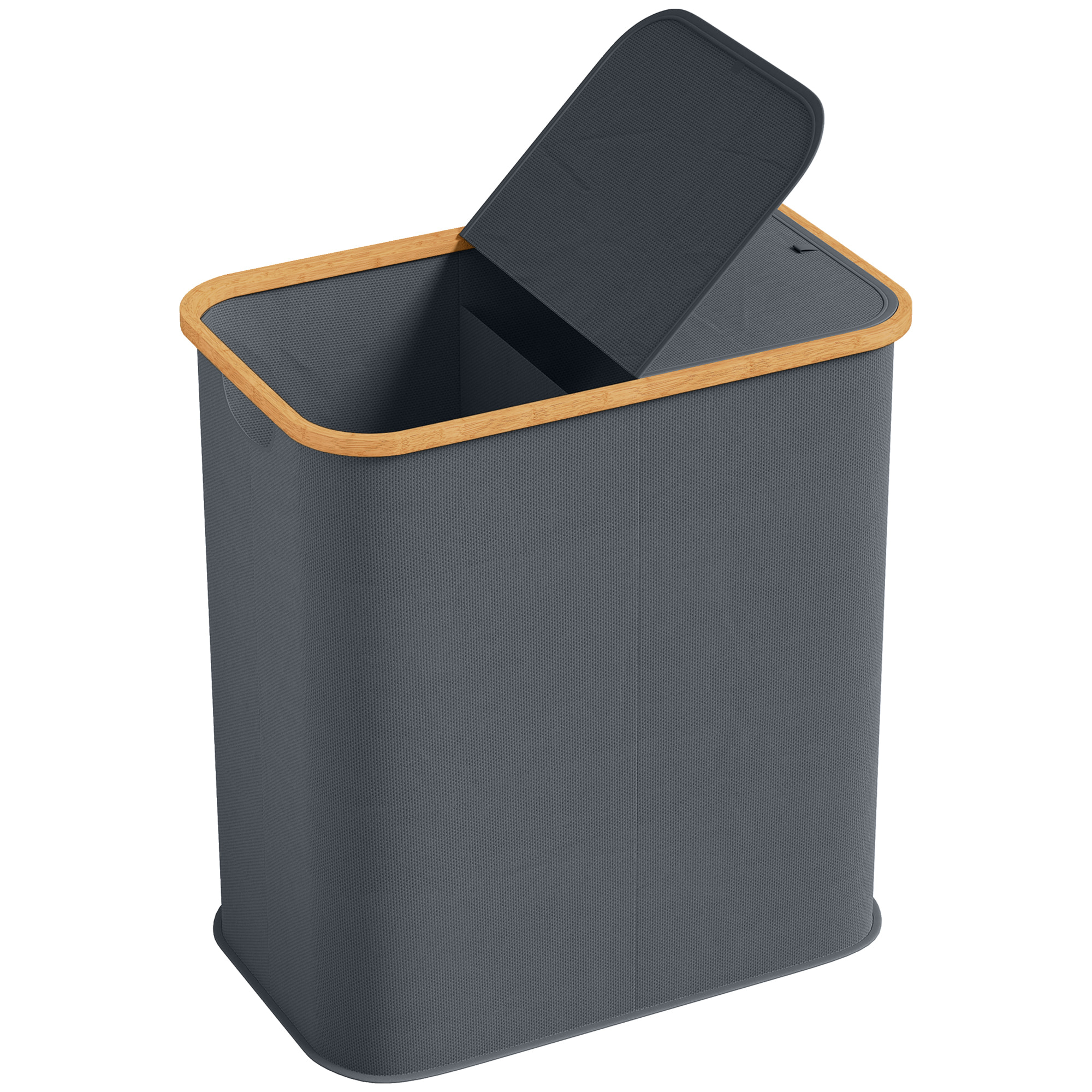 Panier à linge double pliable 80L - corbeille à linge sale avec couvercle et poignées - bambou non tissé gris