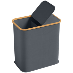Panier à linge double pliable 80L - corbeille à linge sale avec couvercle et poignées - bambou non tissé gris