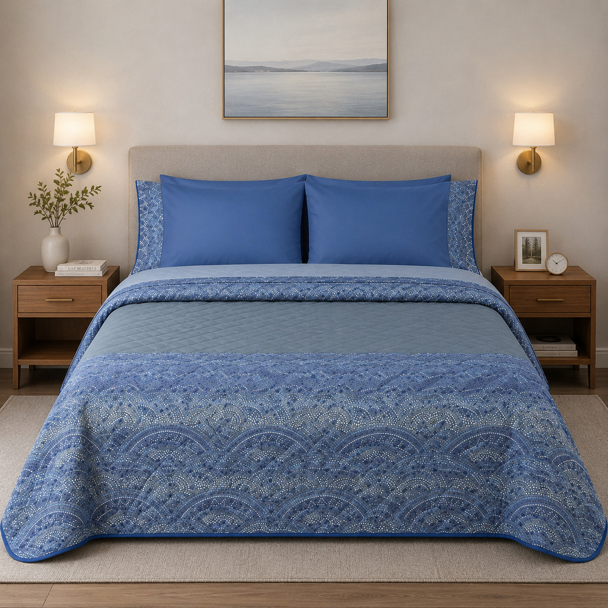 BASSETTI Completo letto in cotone Made in Italy_Matrimoniale_Mosaico Blu