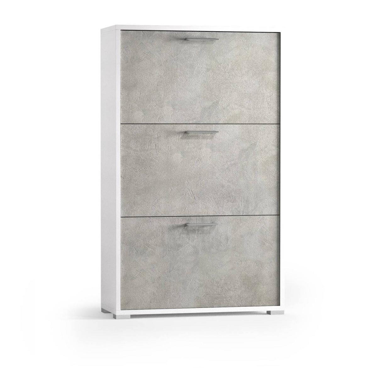 Scarpiera Peonia, Mobile multiuso da ingresso con 3 ante a ribalta, Armadietto portascarpe a doppia profondità, 100% Made in Italy, Cm 67x28h112, Bianco e Cemento