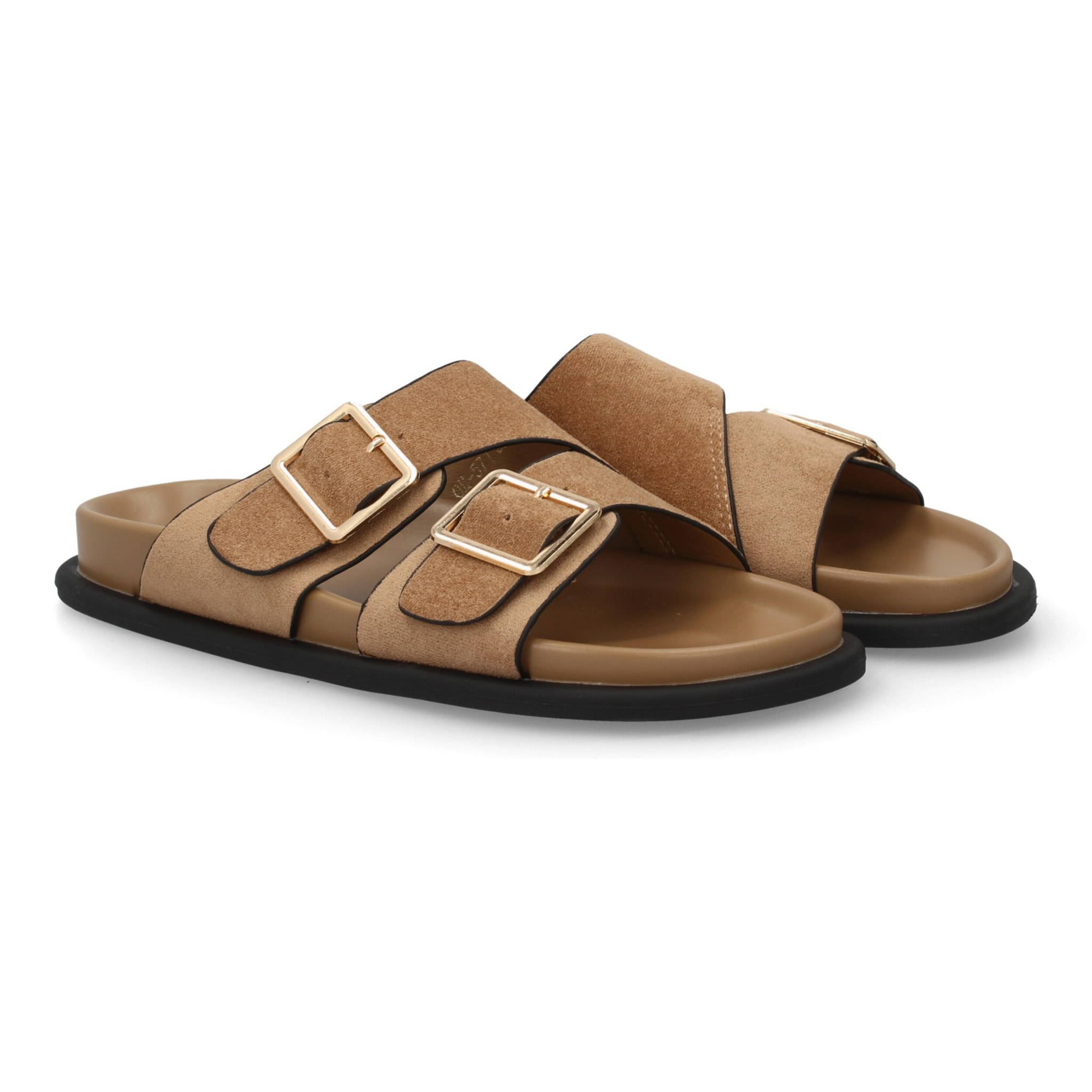 Sandalia plana con doble hebilla para mujer.