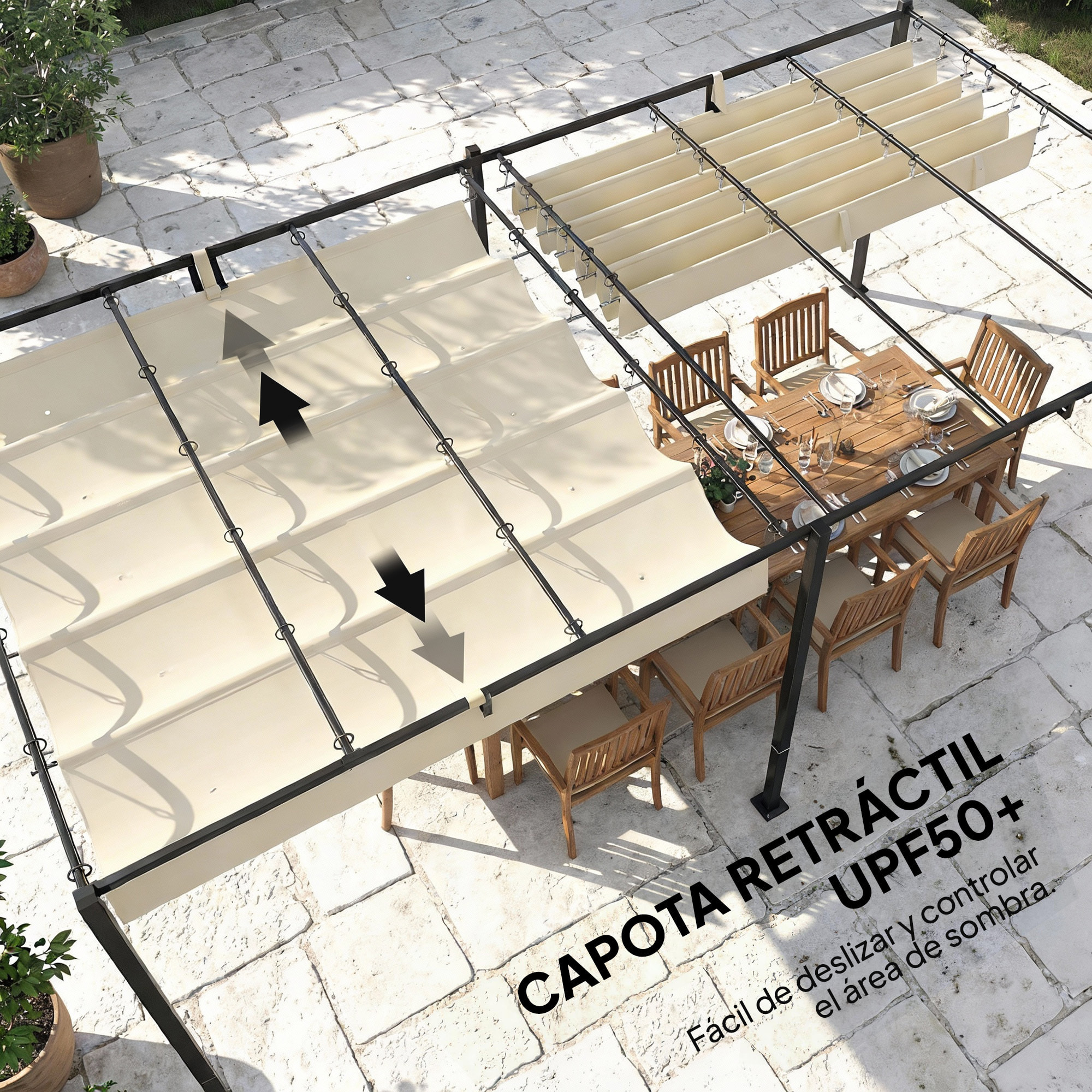 Pérgola de Jardín 6x3 m con Techo Retráctil, Cenador de Jardín con Protección UPF50+, Drenaje, Estructura Metálica, Pabellón para Patio, Terraza, Exterior, Blanco Crema