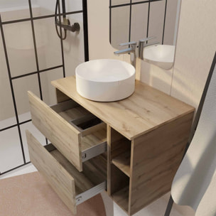 Meuble salle de bains 80 TIMBER Décor Chêne Tiroirs + Module - Vasque Blanche - Miroir 60x80