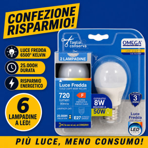 OMEGA Set 6 Lampadine LED Sfera 8W E27 6500K