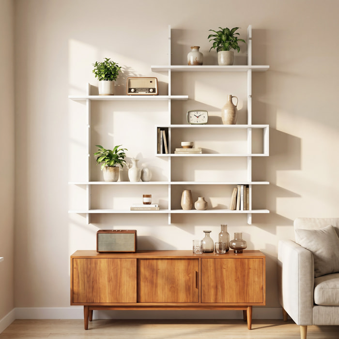 HOMCOM Estantería de Pared, Librería Geométrica con 4 Estantes y Compartimento Central Rectangular, Estantes Decorativos para Salón o Dormitorio, Blanco