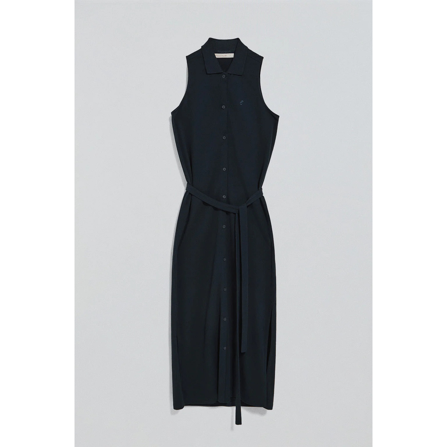 Vestido azul marino sin mangas abotonado con monograma bordado