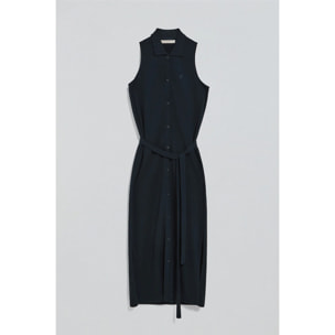 Vestido azul marino sin mangas abotonado con monograma bordado