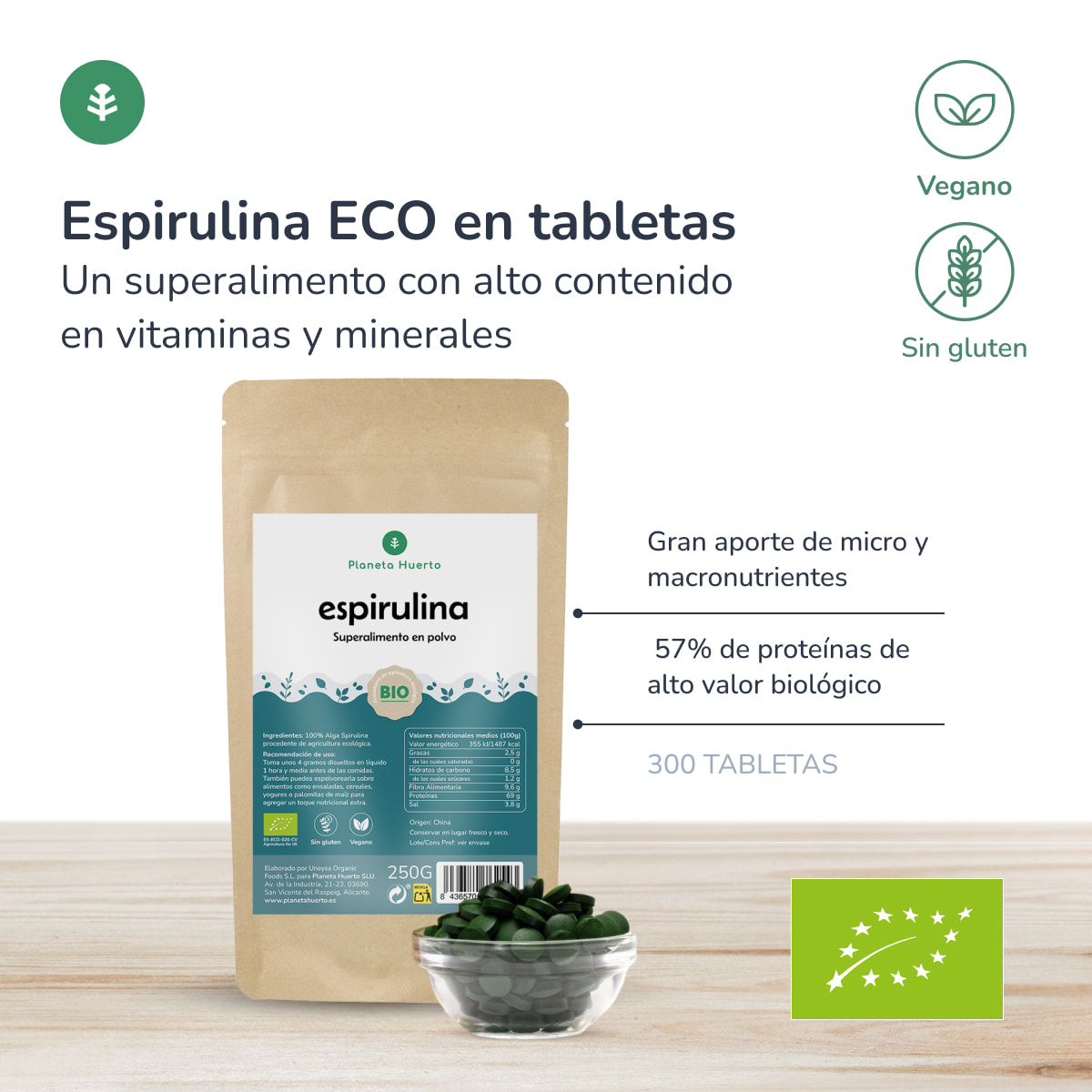 Espirulina 500mg BIO Planeta Huerto 300 tabletas