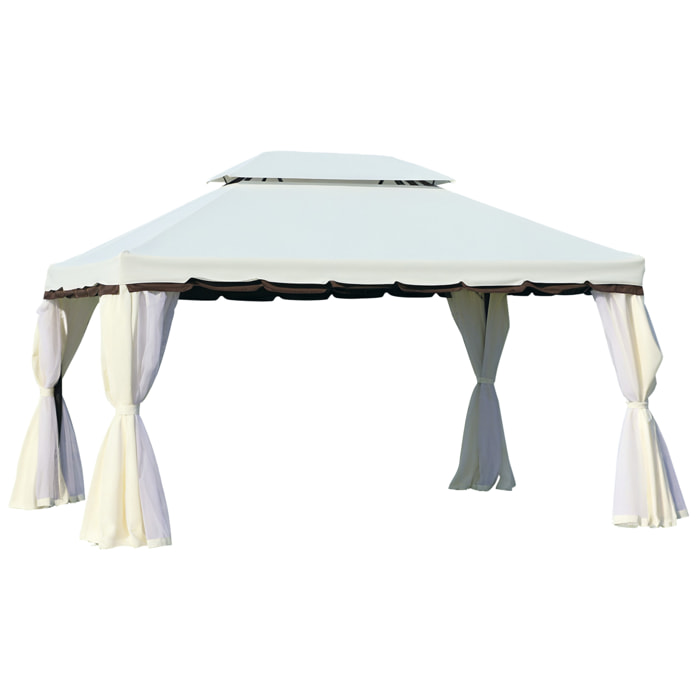 de Jardín 4x3 m, Pabellón de Jardín Gazebo con Doble Techo, 4 Cortinas y Mosquitera, Marco de Aluminio, Orificios de Drenaje, UPF50+, Carpa para Exterior, Terraza, Patio, Blanco Crema