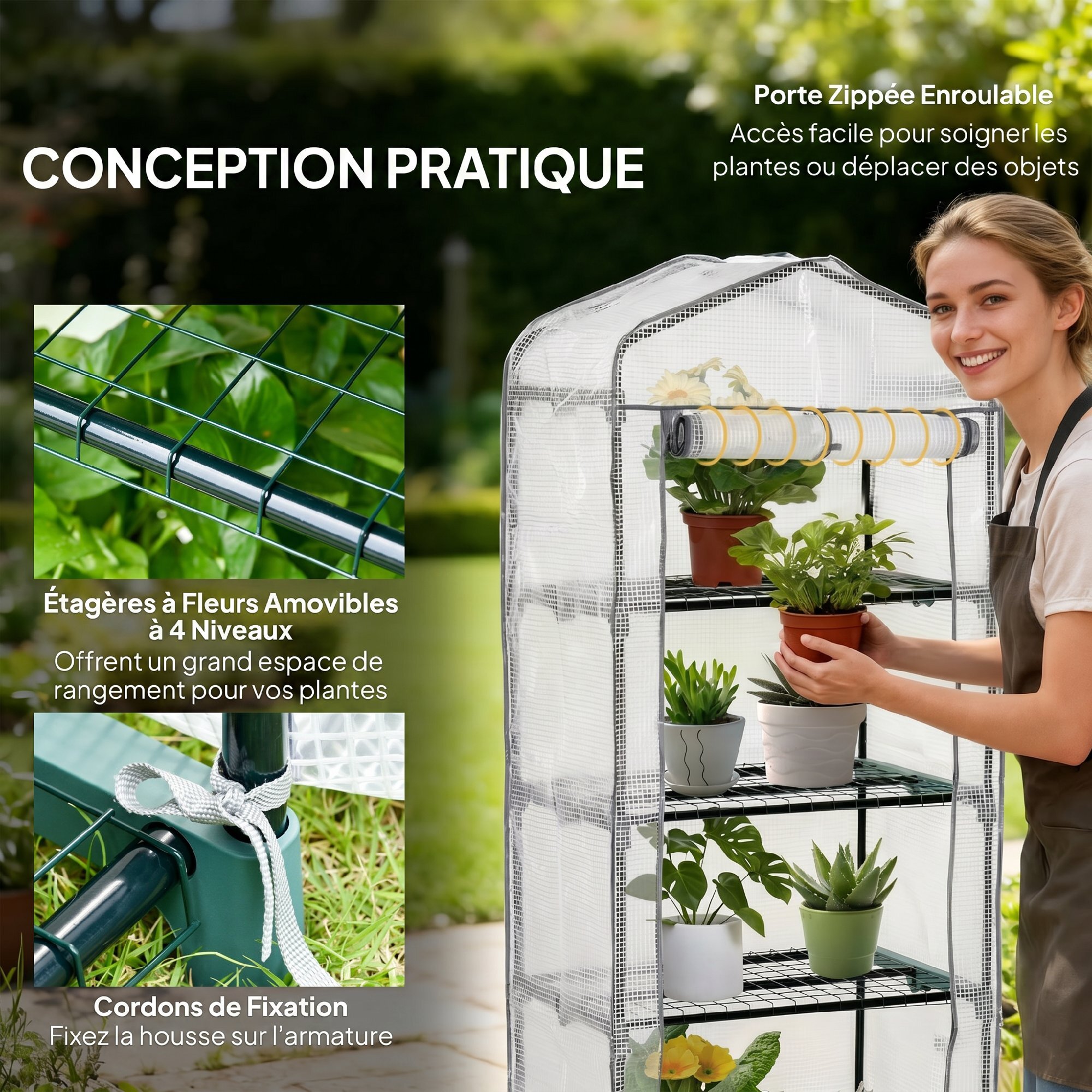 Serre de jardin balcon étagère serre 4 niveaux 0,7L x 0,5l x 1,6H m acier galvanisé bâche amovible PE haute densité blanc