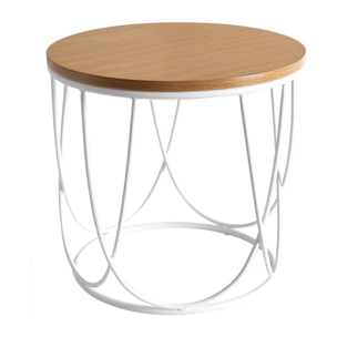 Table d'appoint ronde bois clair chêne et métal blanc LACE