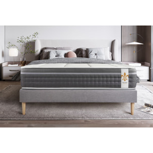 Pack cama completa - Colchón Muelles ensacados y espuma viscoelástica - Kit de base de cama - Gris - Trente con 2 almohadas y 1 edredón