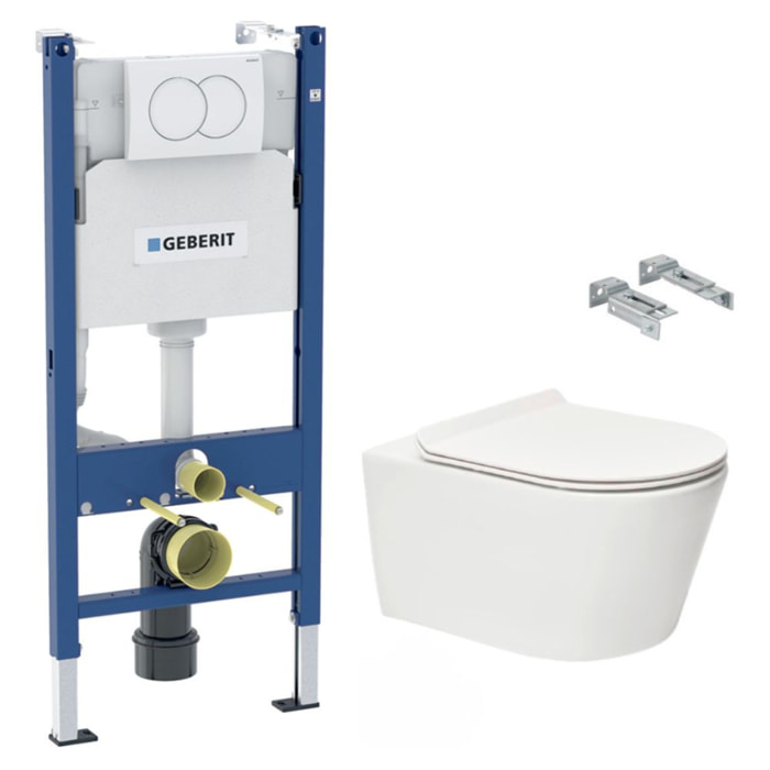 Pack WC sans bride Brevis, fixations invisibles + Abattant softclose slim + Bâti support Geberit UP100 + Plaque blanche