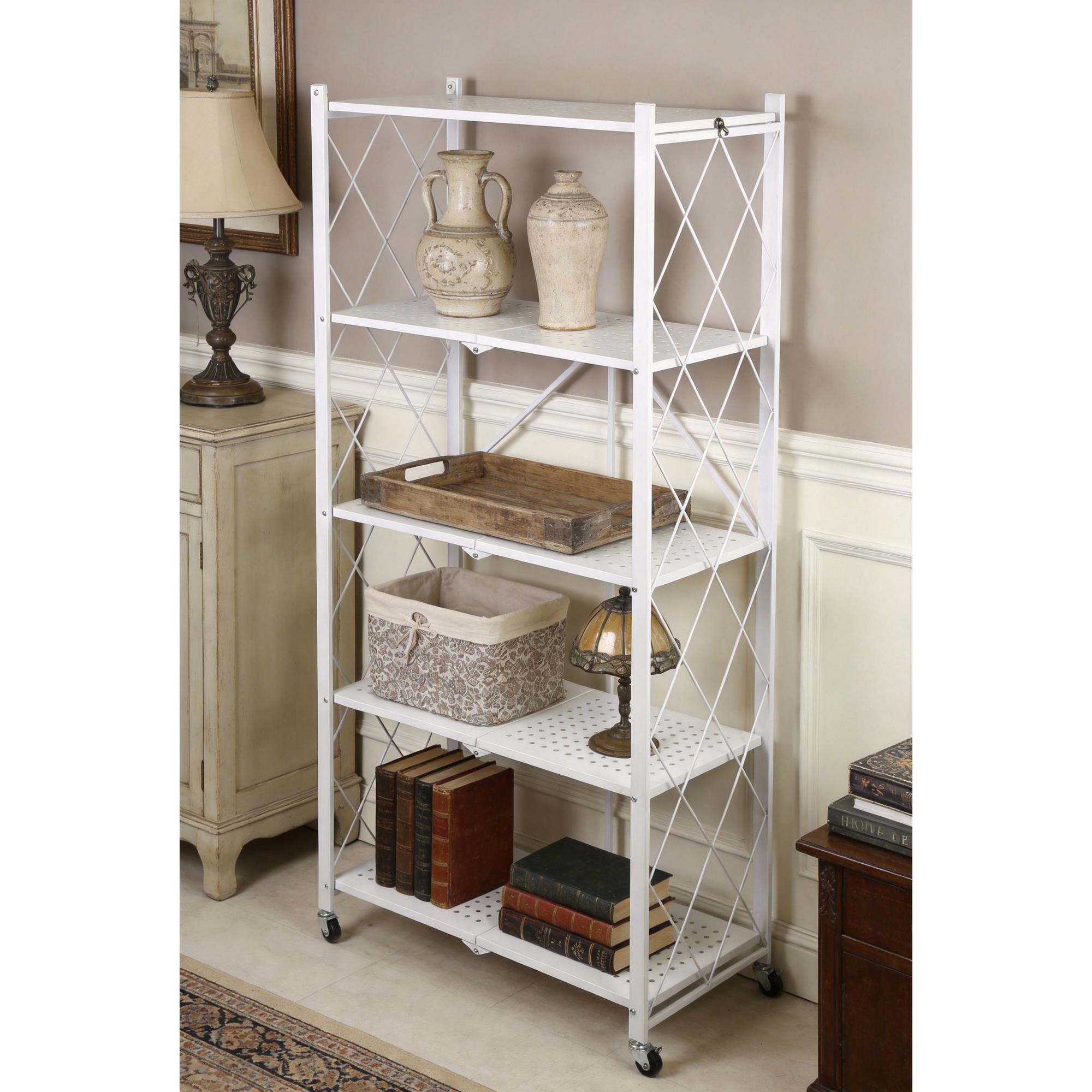 Estantería de Almacenamiento PLEGABLE de 5 Estantes con ruedas, SIN montaje -71x34x160 cm color Blanco