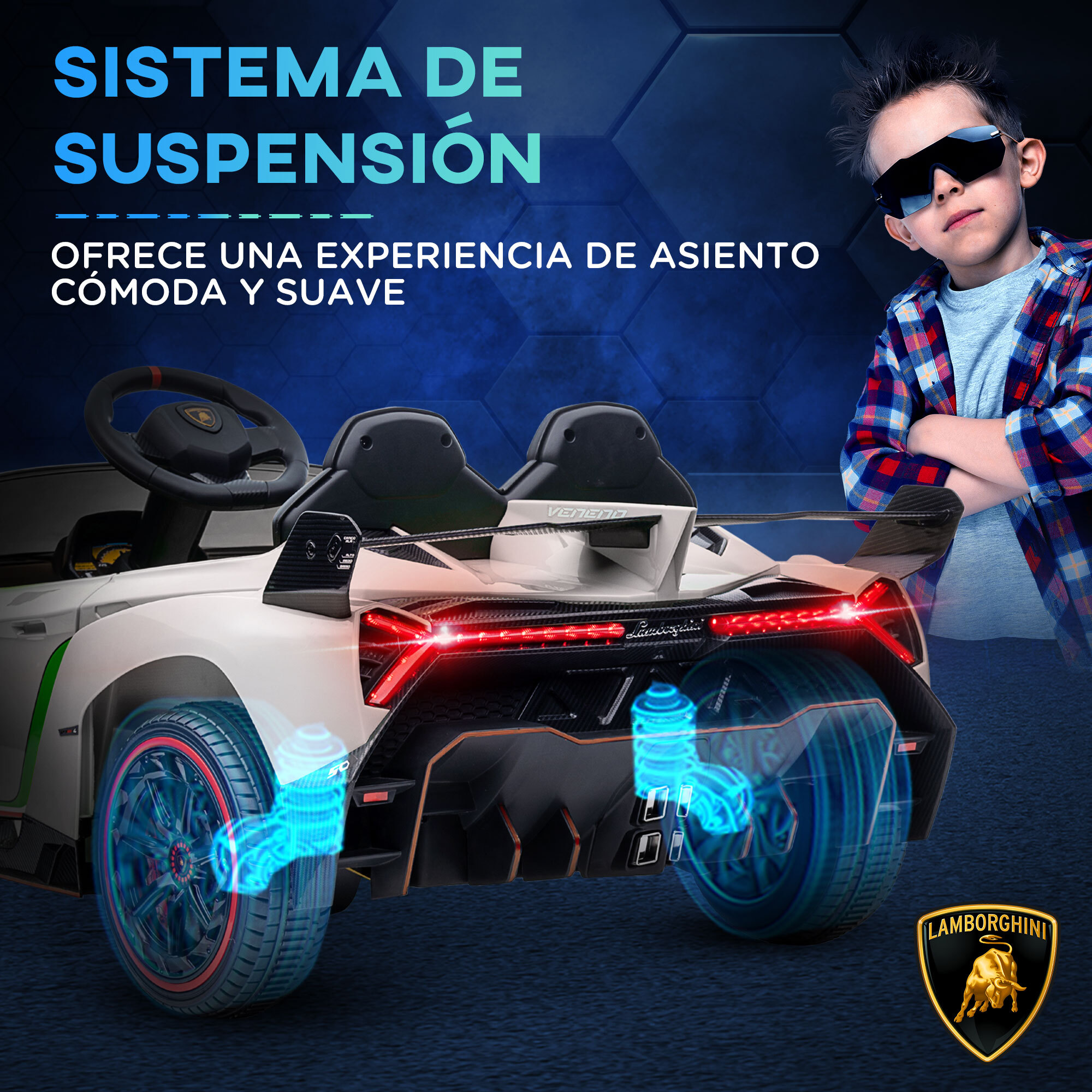 Coche Eléctrico Lamborghini para Niños de 3 a 6 Años Coche de Batería 12V Velocidad Max.7 km/h Puerta de Tijera con Control Remoto MP3 Luces y Cinturón de Seguridad 111x61x45 cm Blanco